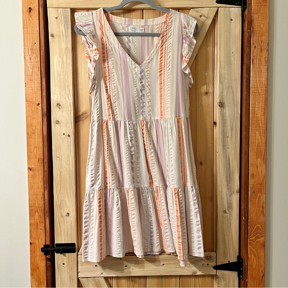 TIME & TRU | Striped V-Neck Ruffle Sleeve Dress